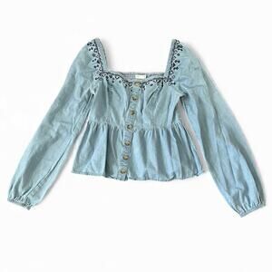 Aeropostale Square Neck Long Sleeve Embroidered Denim Top Sz M